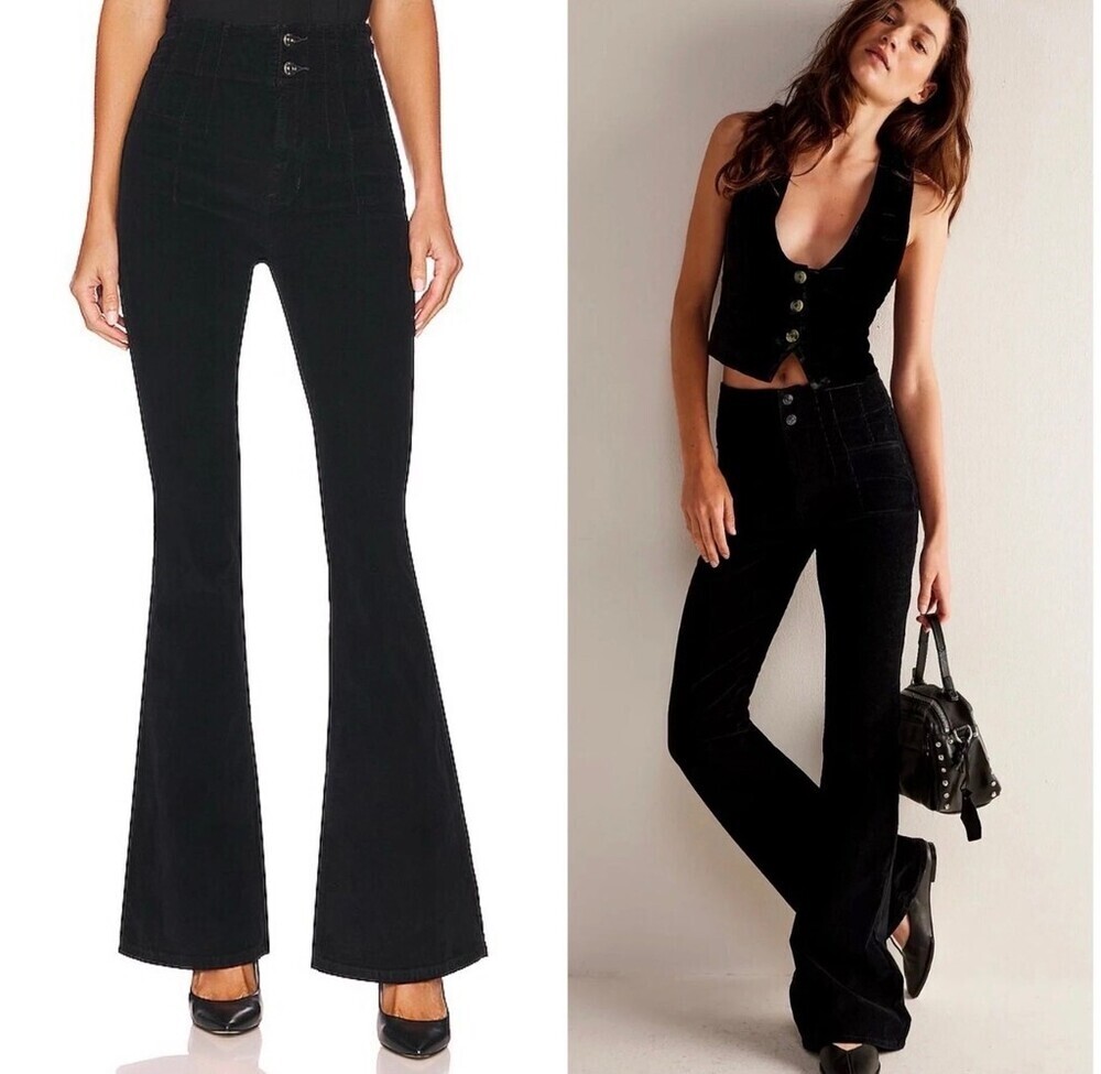 Free People Women's Jayde Corduroy Flare-Leg Pants Size 26 Black High Rise Flare